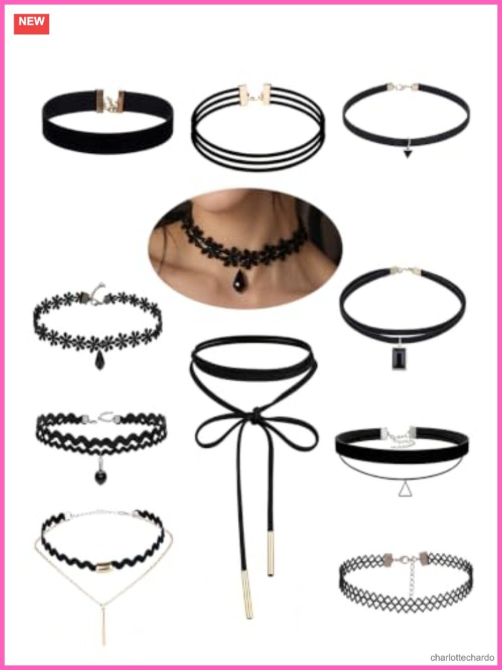10pcs Black Choker Necklace Set for Women Gothic Lace Velvet Ribbon Collar Goth